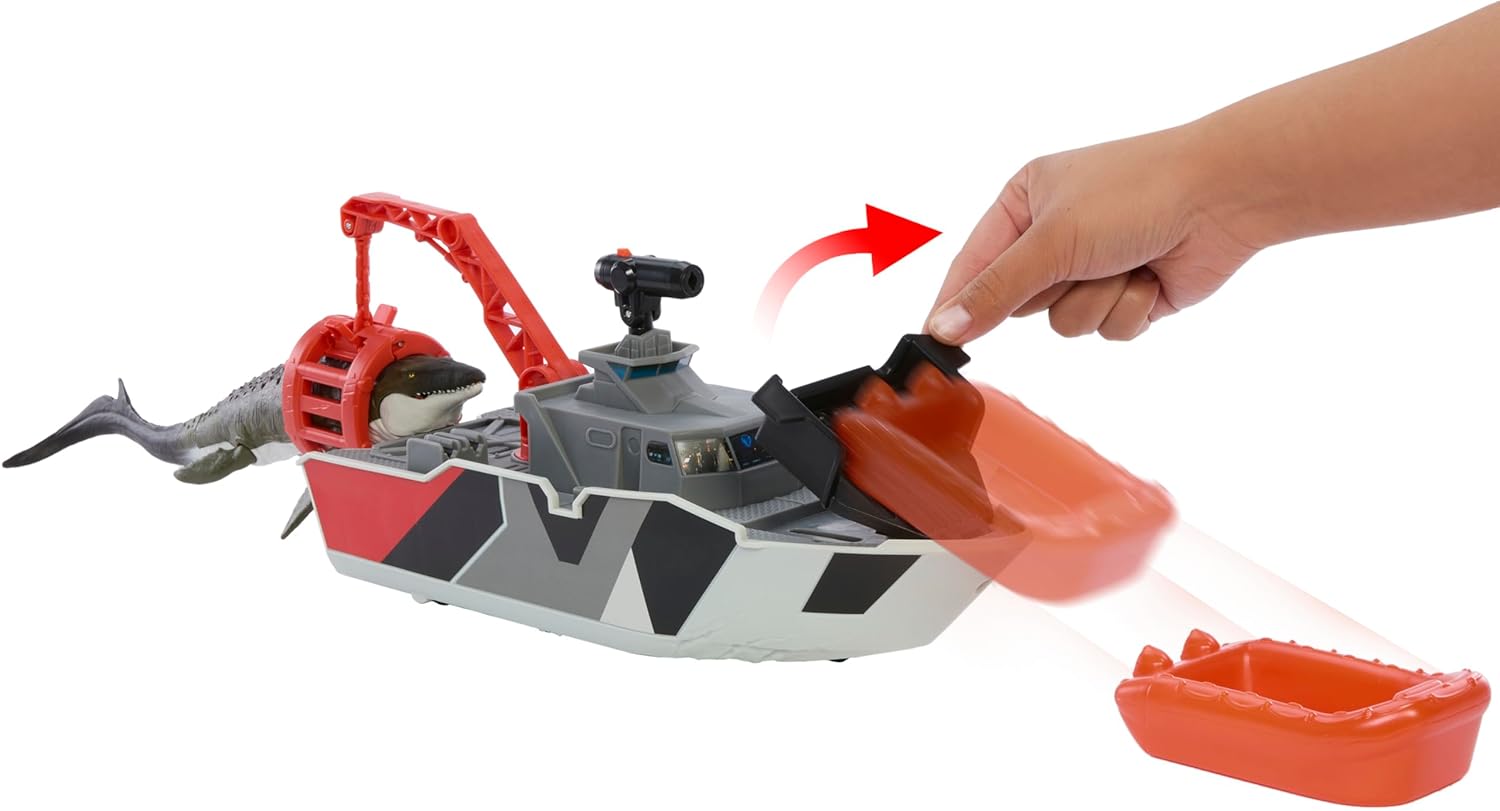 Matchbox Jurassic World Playset with 12.5" Boat with 13" Mosasaurus 1:64 Scale Die-Cast Jeeps, Harpoon Missiles and Removable Rescue Boat for Kids Ages 3+