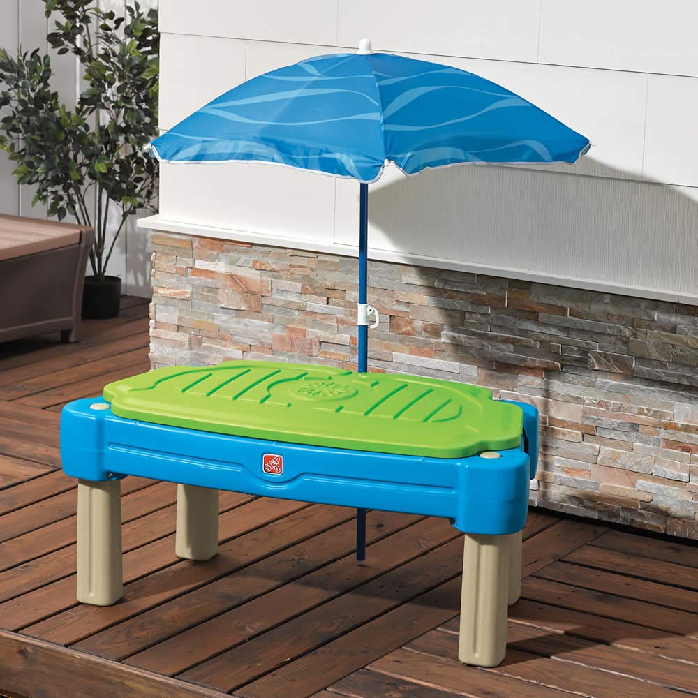 Step2 Cascading Cove Sand & Water Table with Umbrella | Kids Sand & Water Play Table with Umbrella | 6-pc Accessory Set Included, Blue