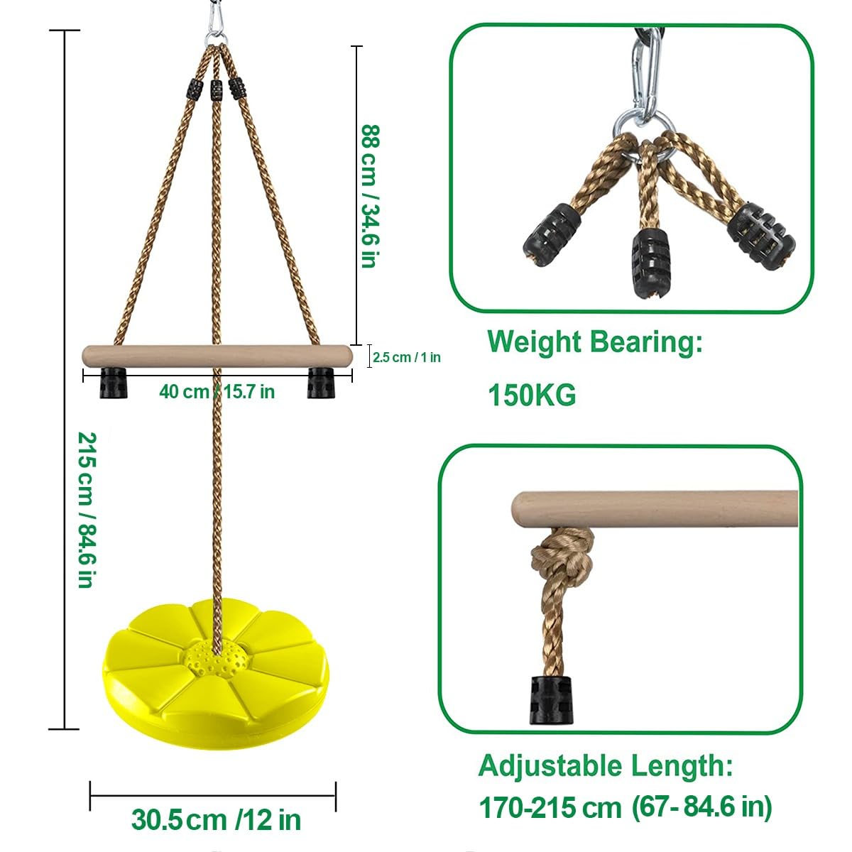 REZNOR 7FT Height Adjustable Gym Monkey Disc Bars Swing for Kids Tree Swing for Backyard, Yellow