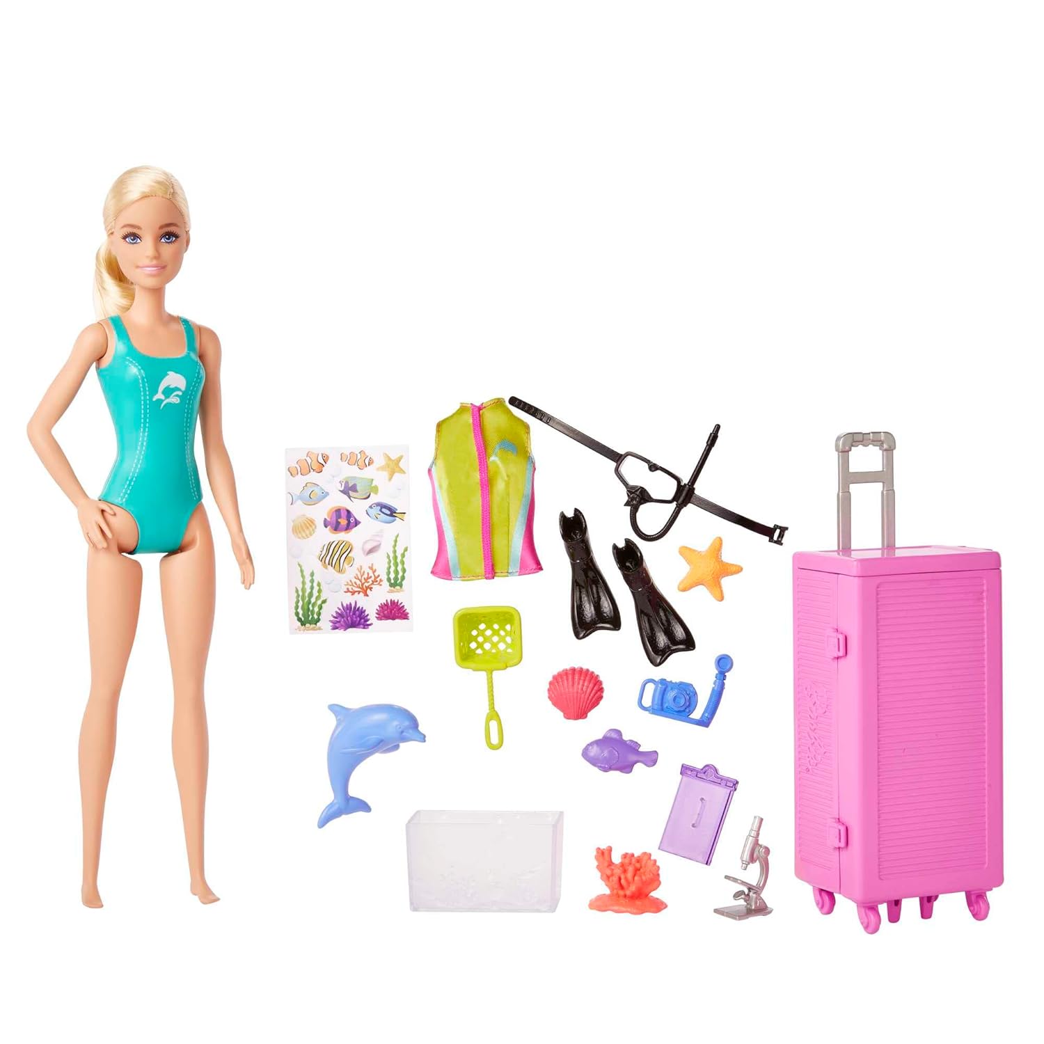 Barbie Blonde Hair Marine Biologist Doll & Mobile Lab Playset with 10+ Pieces Accessories, Case Opens for Storage & Travel for Kids Ages 3 and Up