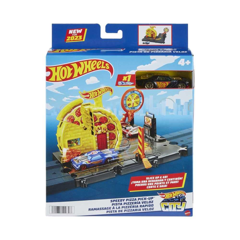 Hot Wheels City Track Set with 1 Toy Car, Pizza-Themed Playset with Car-Activated Features