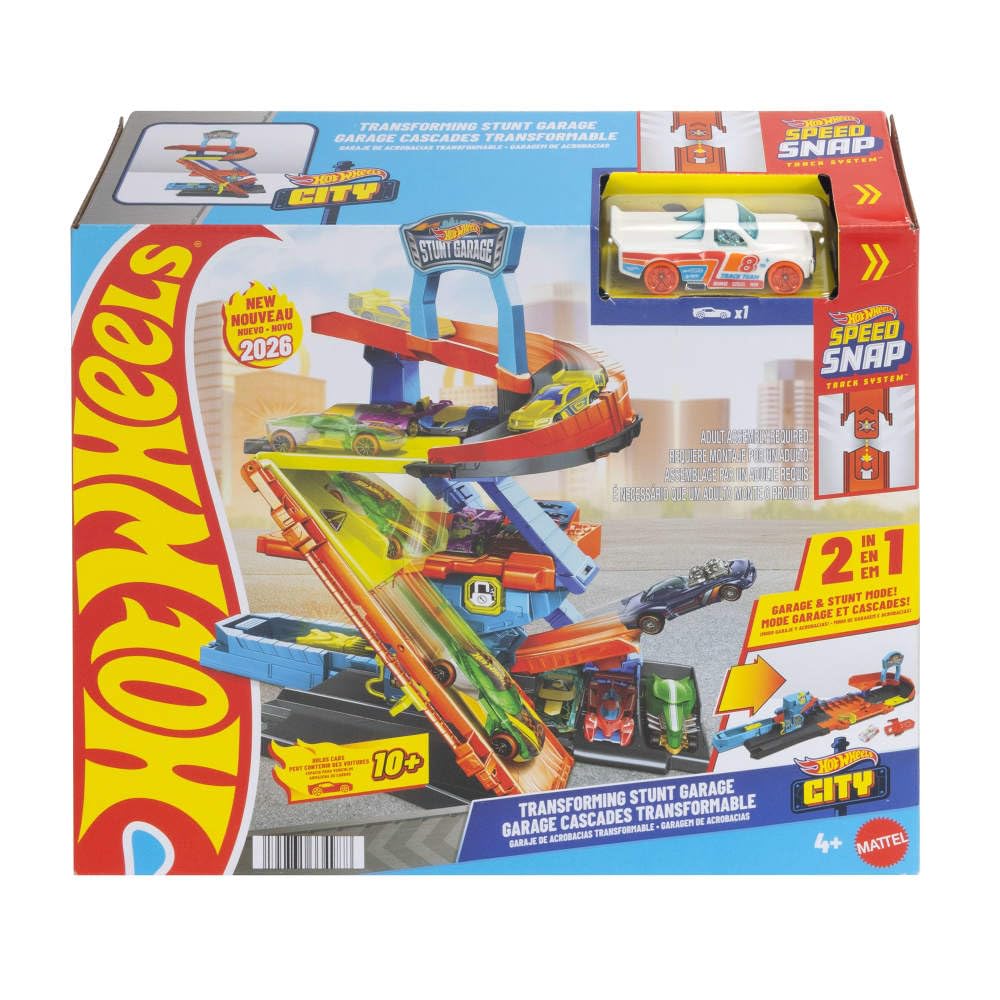 Hot Wheels City Transforming Stunt Garage Playset & 1:64 Scale Die-Cast Vehicle, Storage for 10+ Cars & Stunting Speedway