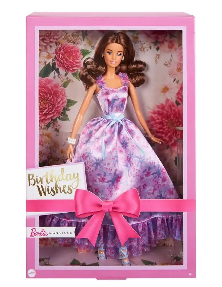 Barbie Signature Birthday Wishes Doll, Collectible in Satiny Lilac Dress with Wavy Brown Hair and Giftable Packaging