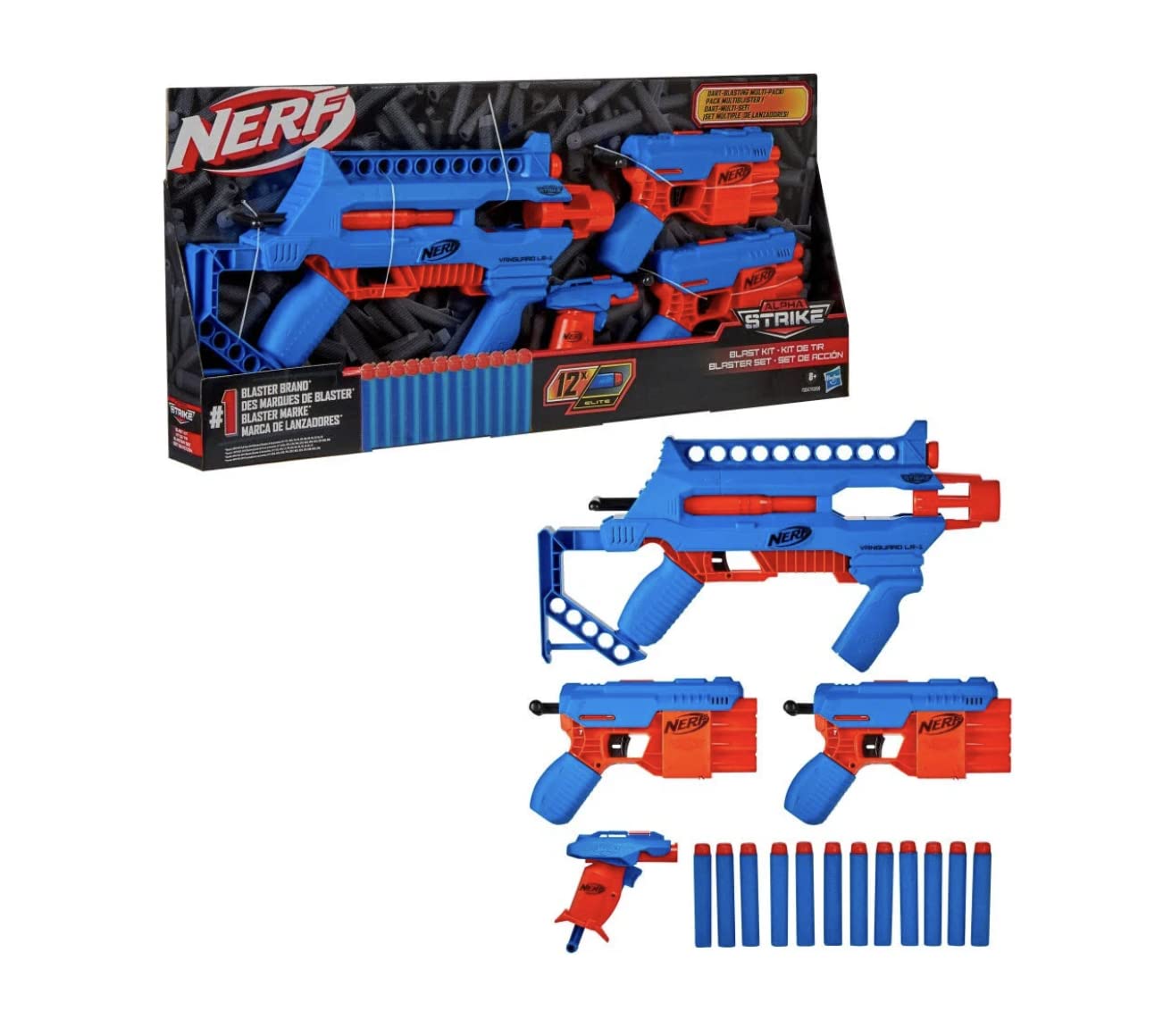 Nerf Alpha Strike Blast Kit,Dart-Blasting Multi-Pack Includes 4 Blasters and 12 Official Nerf Elite Darts