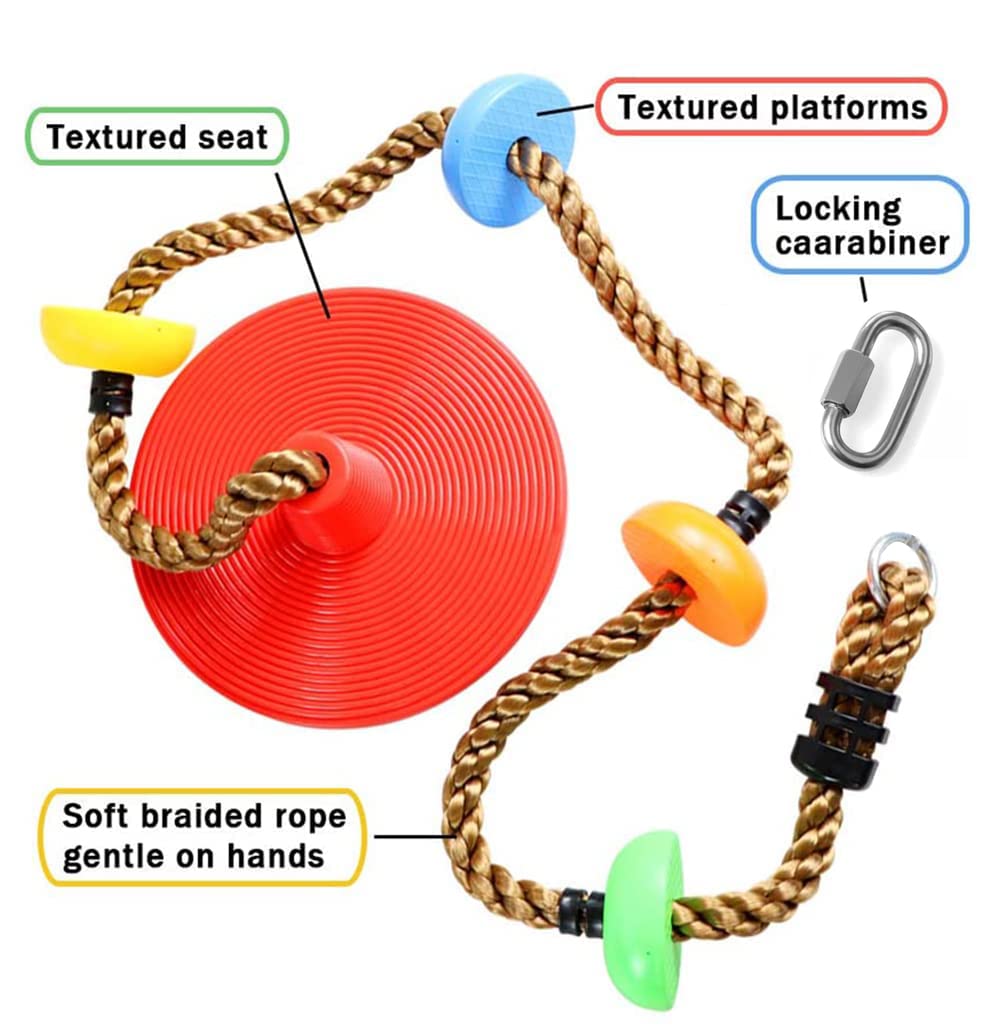 REZNOR Plastic Platforms Disc Tree Swing Seat Climbing Knot Rope With Carabiner Hook For Kids, Multicolour