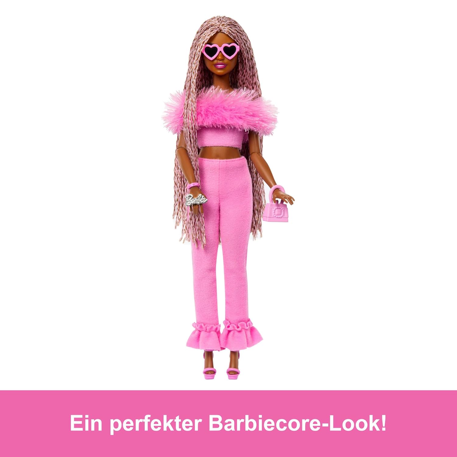Barbie Deluxe Style Doll #4 in Barbiecore Outfit, Pink and Brown Braids, Soft Pink Top and Pant Set with Furry Collar With Accessories​​​ for Kids Ages 4+