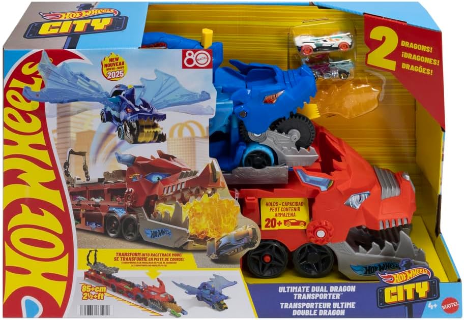 Hot Wheels City Ultimate Double Dragon Transporter Track Set Including Two Diecast Cars for Kids Ages 4 Years & Up