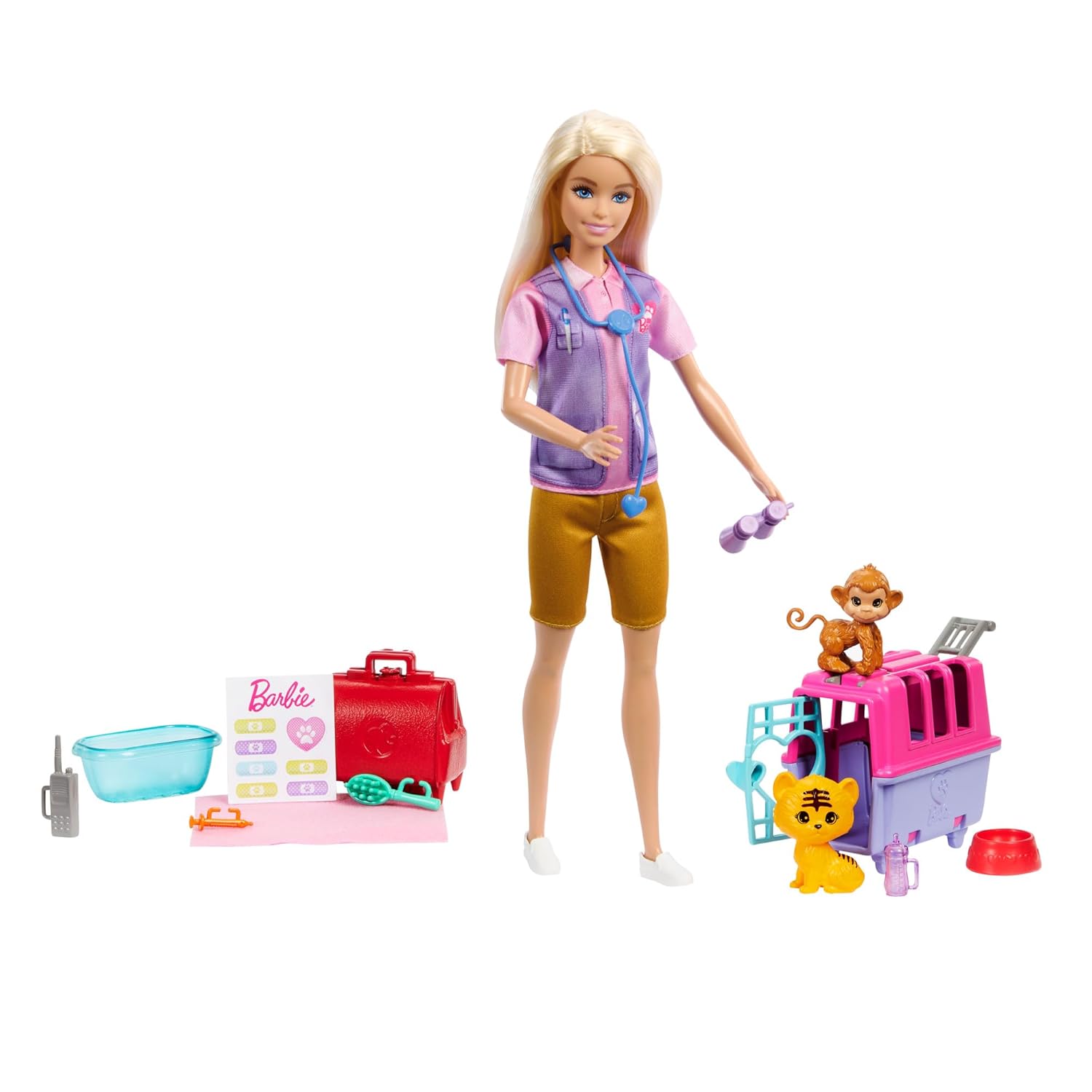 Barbie Careers Animal Rescue & Recovery Playset with Blonde Doll Baby Monkey & Tiger Figures, Carrier & Accessories for Kids Ages 3+