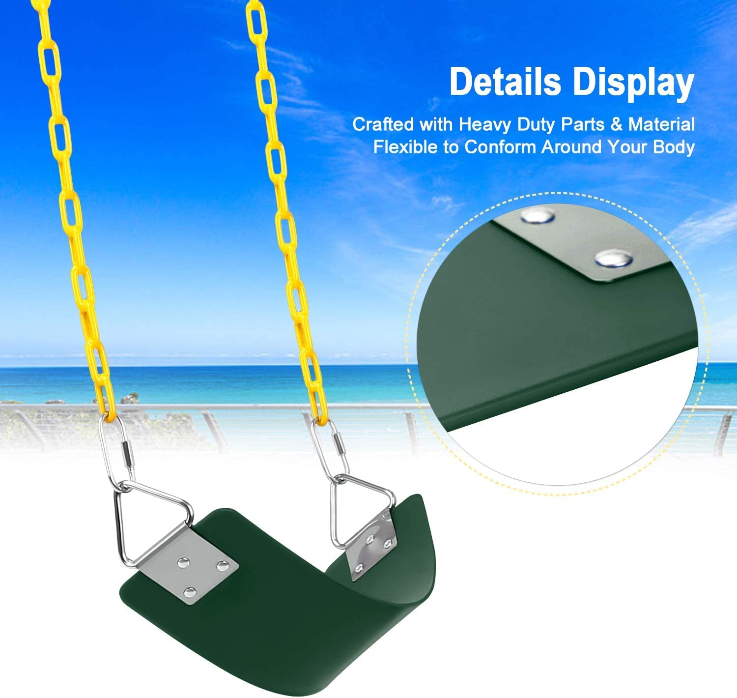 REZNOR EVA Flexible Swing Seat with 60 inch Anti-Rust Plastic Coated Chain Set for Kids, Playground, Jungle & Gym, Green/Yellow