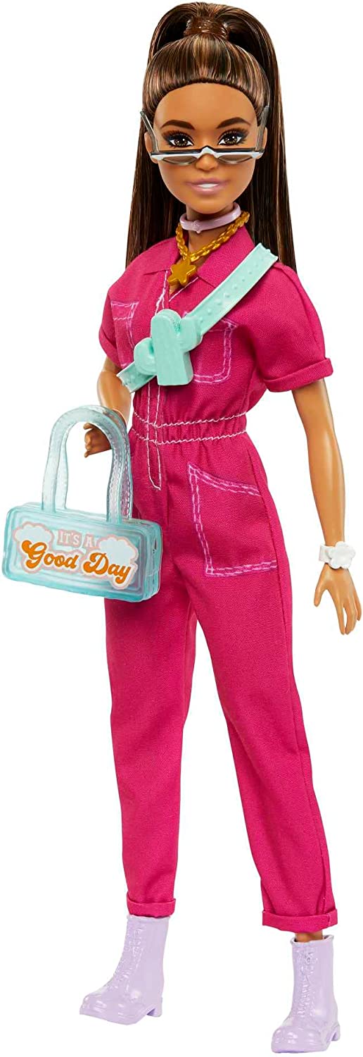 Barbie Brown Hair Doll in Trendy Pink Jumpsuit with Storytelling Accessories and Pet Puppy for Ages 3+