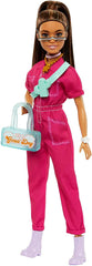 Barbie Brown Hair Doll in Trendy Pink Jumpsuit with Storytelling Accessories and Pet Puppy for Ages 3+