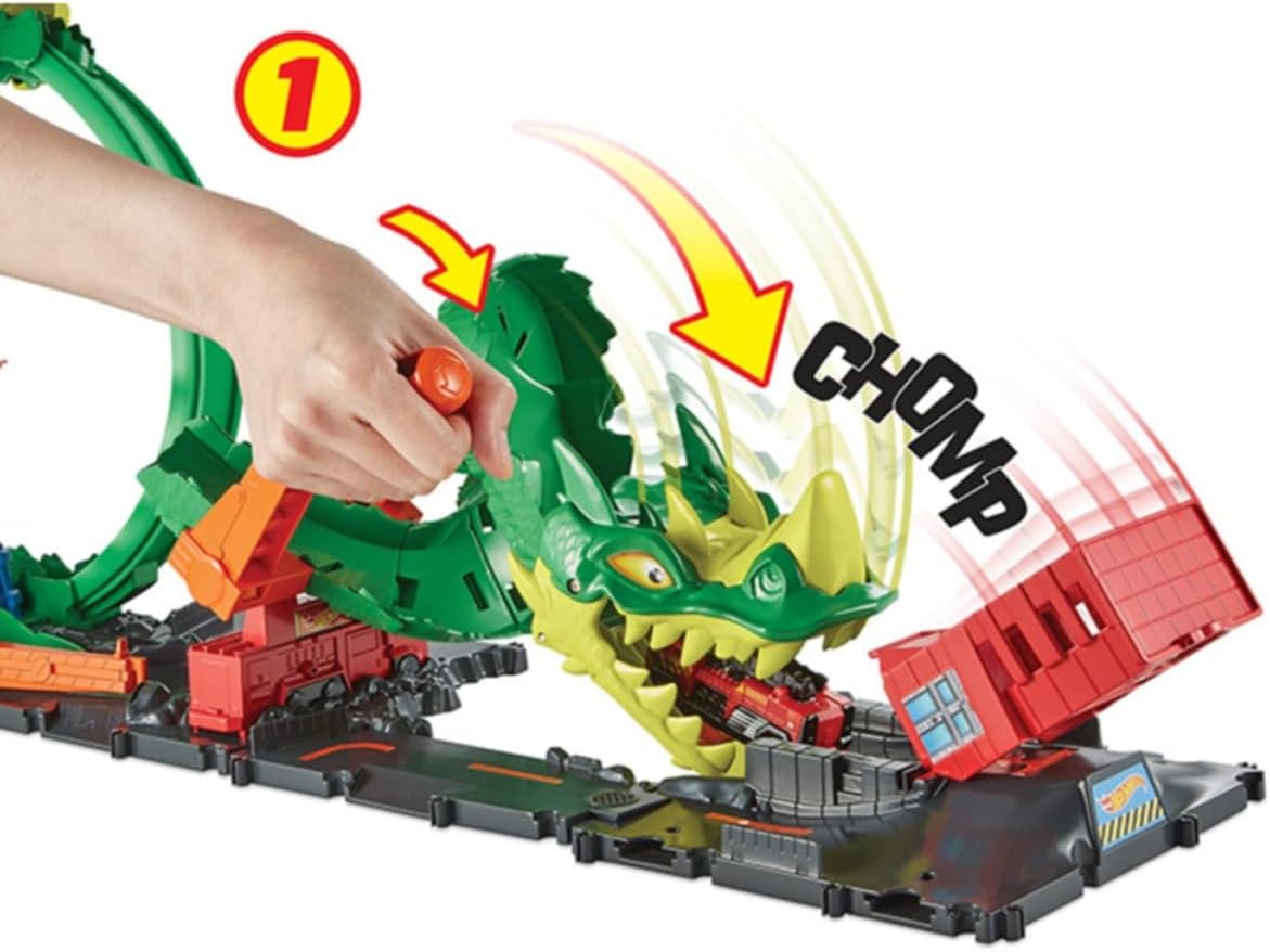 Hot Wheels Track Set with 1:64 Scale Toy Firetruck, City Fire Station with Dragon Nemesis and Track Play, Dragon Drive Firefight​​​​