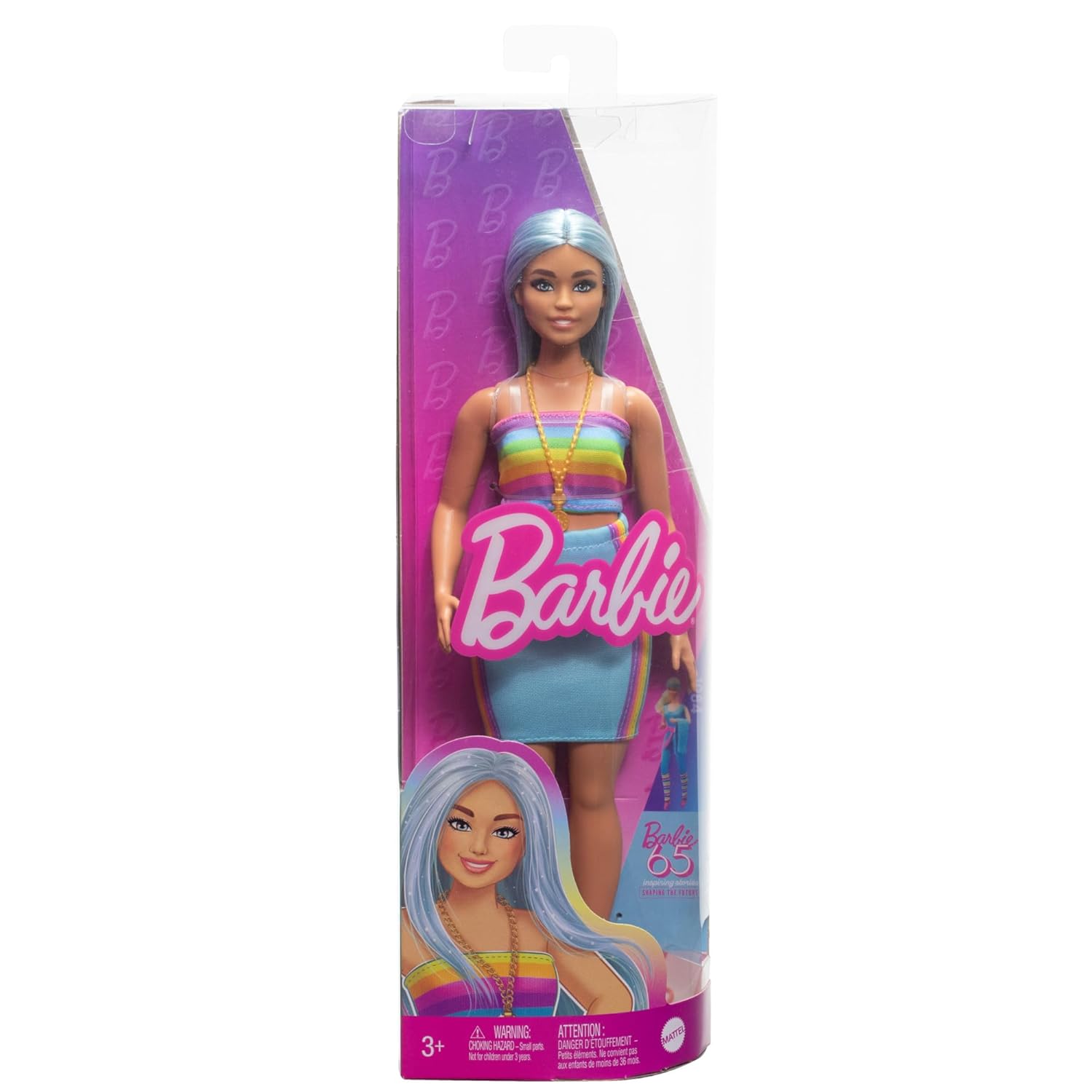 Barbie Fashionistas 65th Anniversary Doll #219 with Long Blue Hair Wears Rainbow Top & Teal Skirt for Ages 3 Years & Up