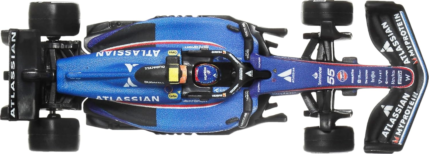 Hot Wheels Premium Formula 1 Toy Car 2-Pack, Set of 2 1:64 Scale Die-Cast Scale Atlassian Williams Racing Racecars Featuring #55 Carlos Sainz & #23 Alexander Albon