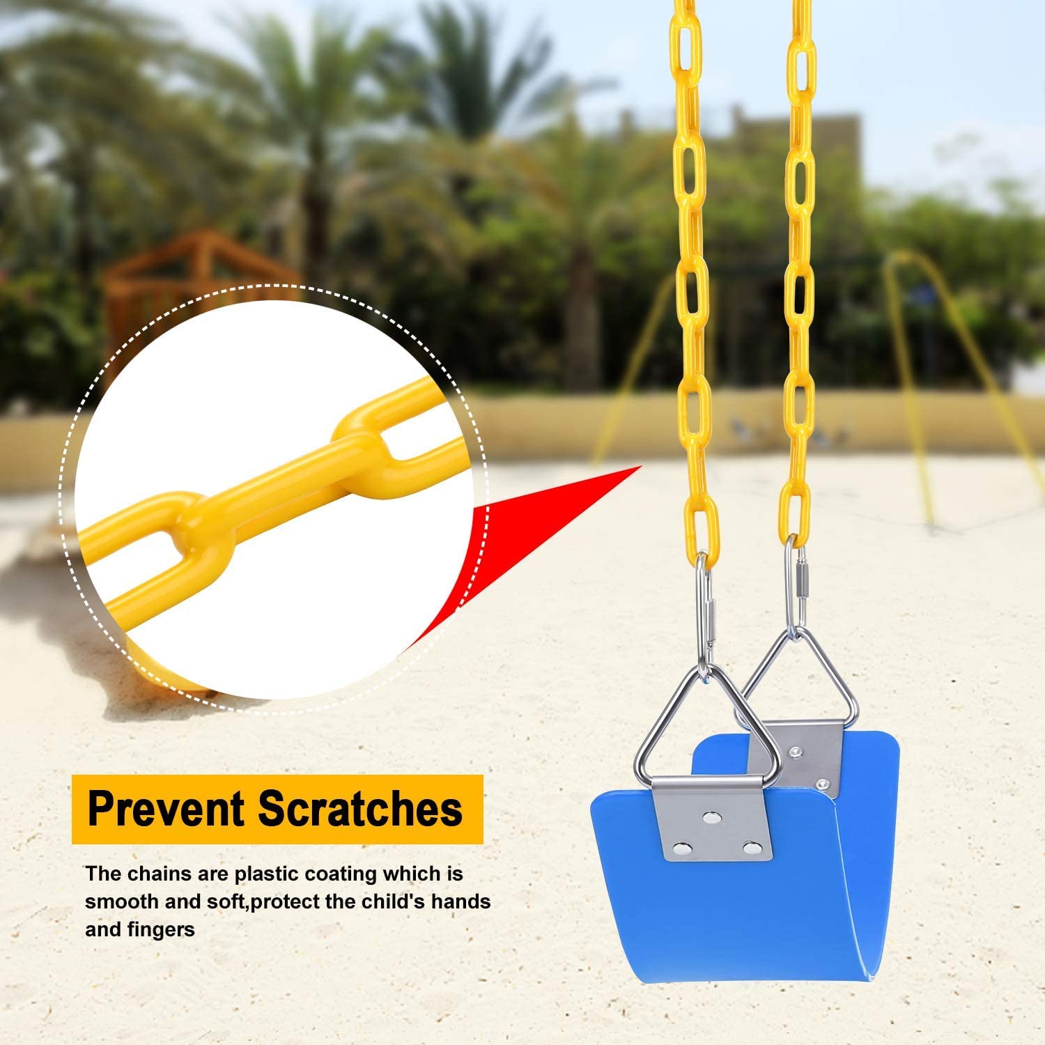 REZNOR EVA Flexible Swing Seat with 60 inch Anti-Rust Plastic Coated Chain Set for Kids, Playground, Jungle & Gym, Blue/Yellow
