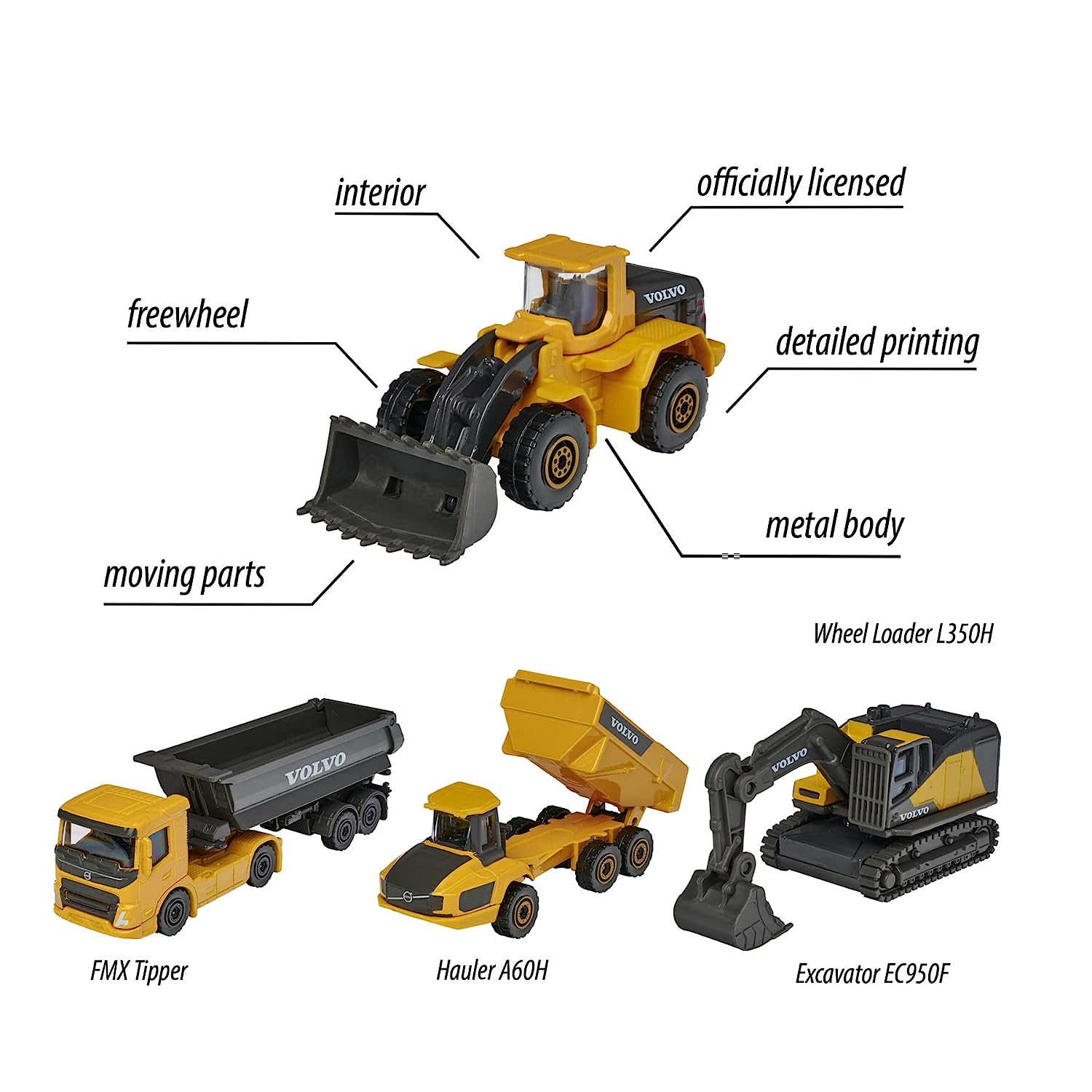 Majorette Volvo Construction Vehicles 4 Car Gift Set For Kids Ages 3+