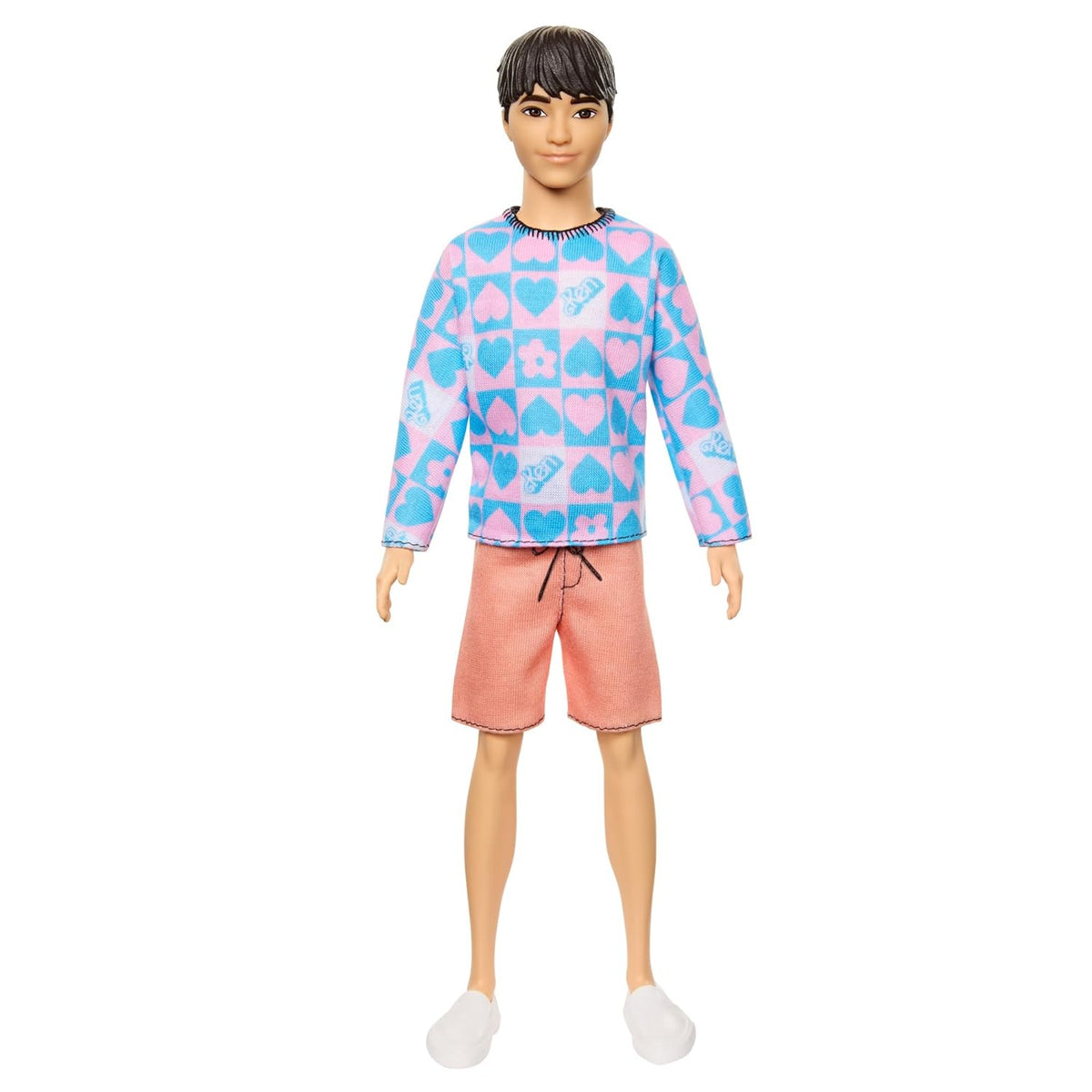 Barbie Fashionistas Ken Doll #219 with Slender Body Wearing a Removable Long-Sleeve Pink & Blue Patterned Shirt & Pink Shorts