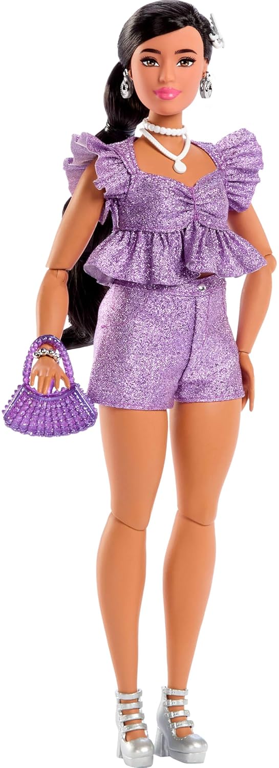 Barbie Deluxe Style #8 Black Hair in Braid in Metallic Purple Top and Sparkly Shorts Doll, Accessories for Kids Ages 4+