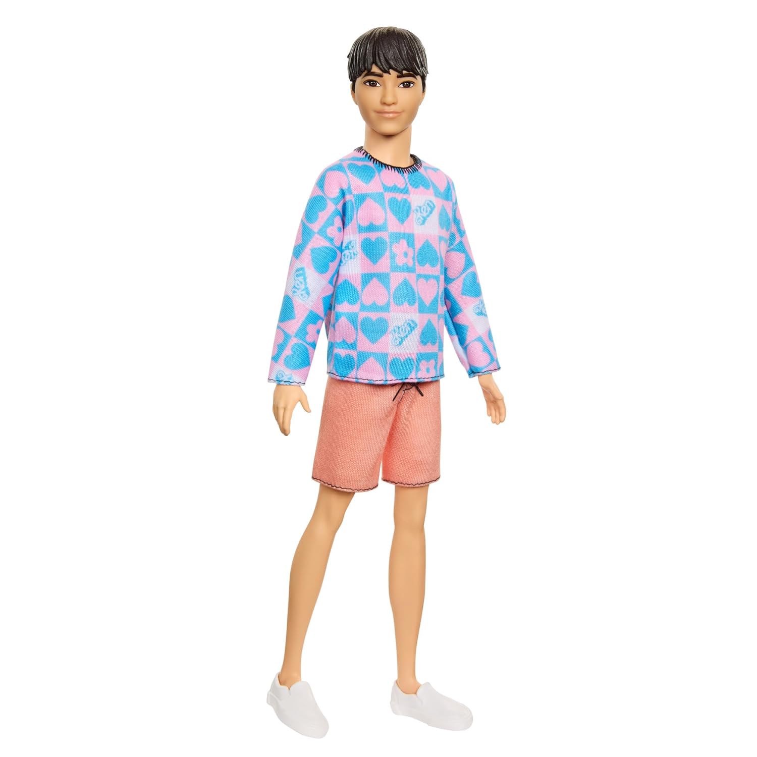 Barbie Fashionistas Ken Doll #219 with Slender Body Wearing a Removable Long-Sleeve Pink & Blue Patterned Shirt & Pink Shorts