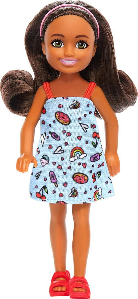 Barbie Chelsea Doll, Small Doll Wearing Removable Blue Dress with Colorful Print &amp; Pink Shoes, Brown Hair &amp; Green Eyes