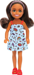 Barbie Chelsea Doll, Small Doll Wearing Removable Blue Dress with Colorful Print & Pink Shoes, Brown Hair & Green Eyes