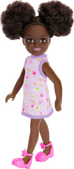Barbie Chelsea Doll, Small Doll Wearing Removable Purple Floral Dress & Pink Shoes with Space Buns & Brown Eyes