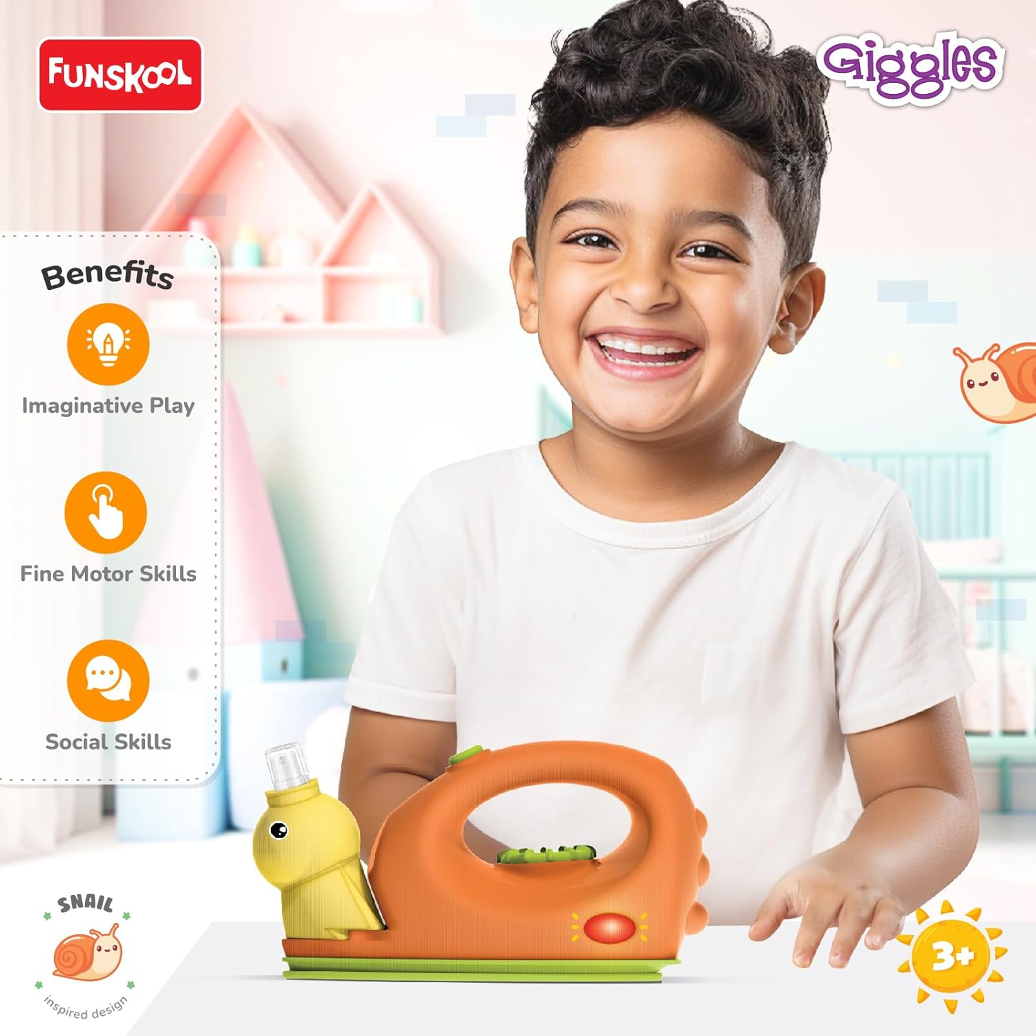 Funskool Giggles Playset Happy Lil Home-Iron, Snail Inspired Pretend Role-Play Toy with Electronic Lights & Sounds, for Kids 3 Year Old & Above.