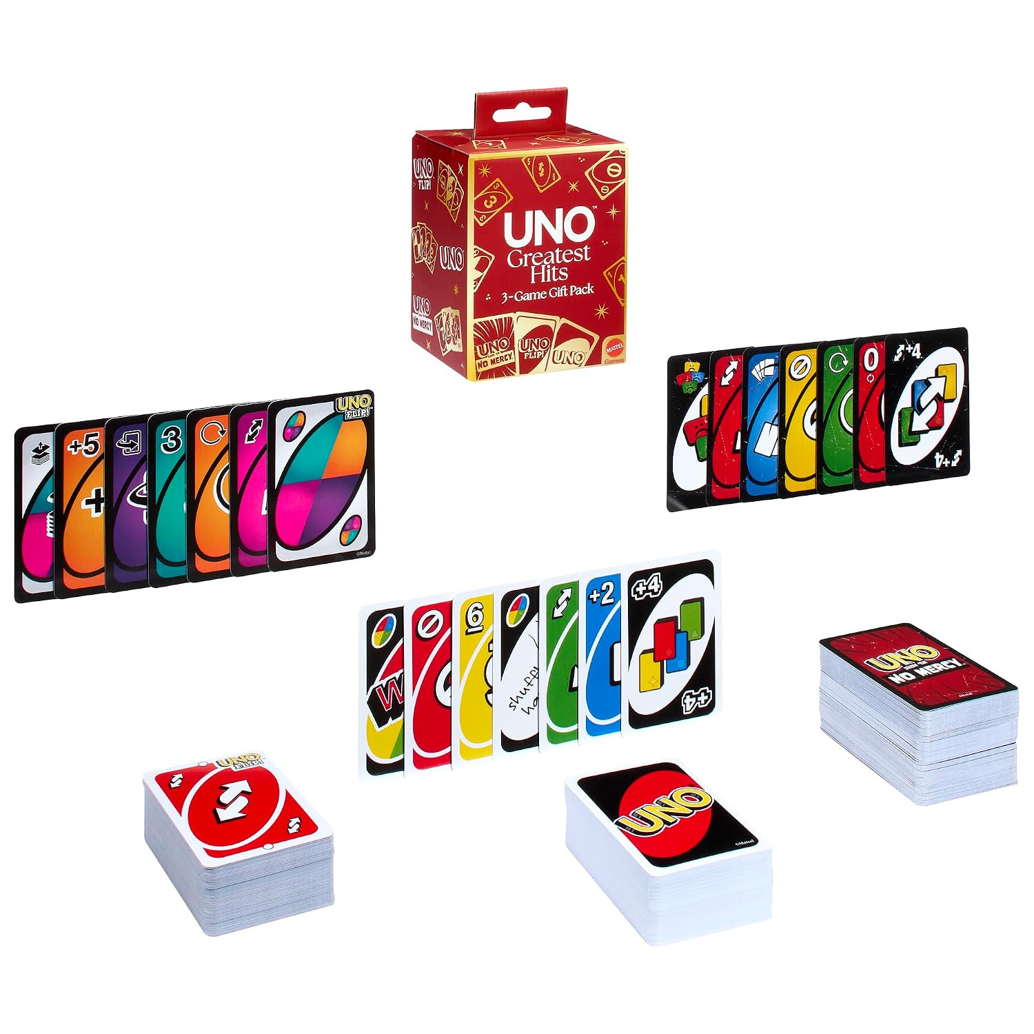 Mattel Games UNO Greatest Hits Gift Pack with 3 Card Games, UNO, UNO Flip & UNO Show em No Mercy for Kids, Teens, Grown-Ups & Family Nights & Parties