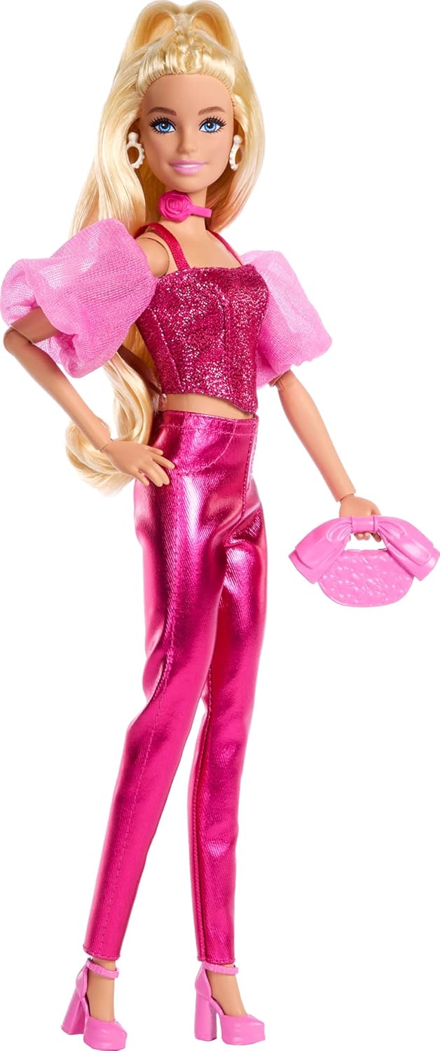 Barbie Deluxe Style Doll #5 in Metallic Pink Outfit, Blonde Hair, Sparkly Corset Top and Shiny Pants with Accessories Like Rose Necklace and Handbag