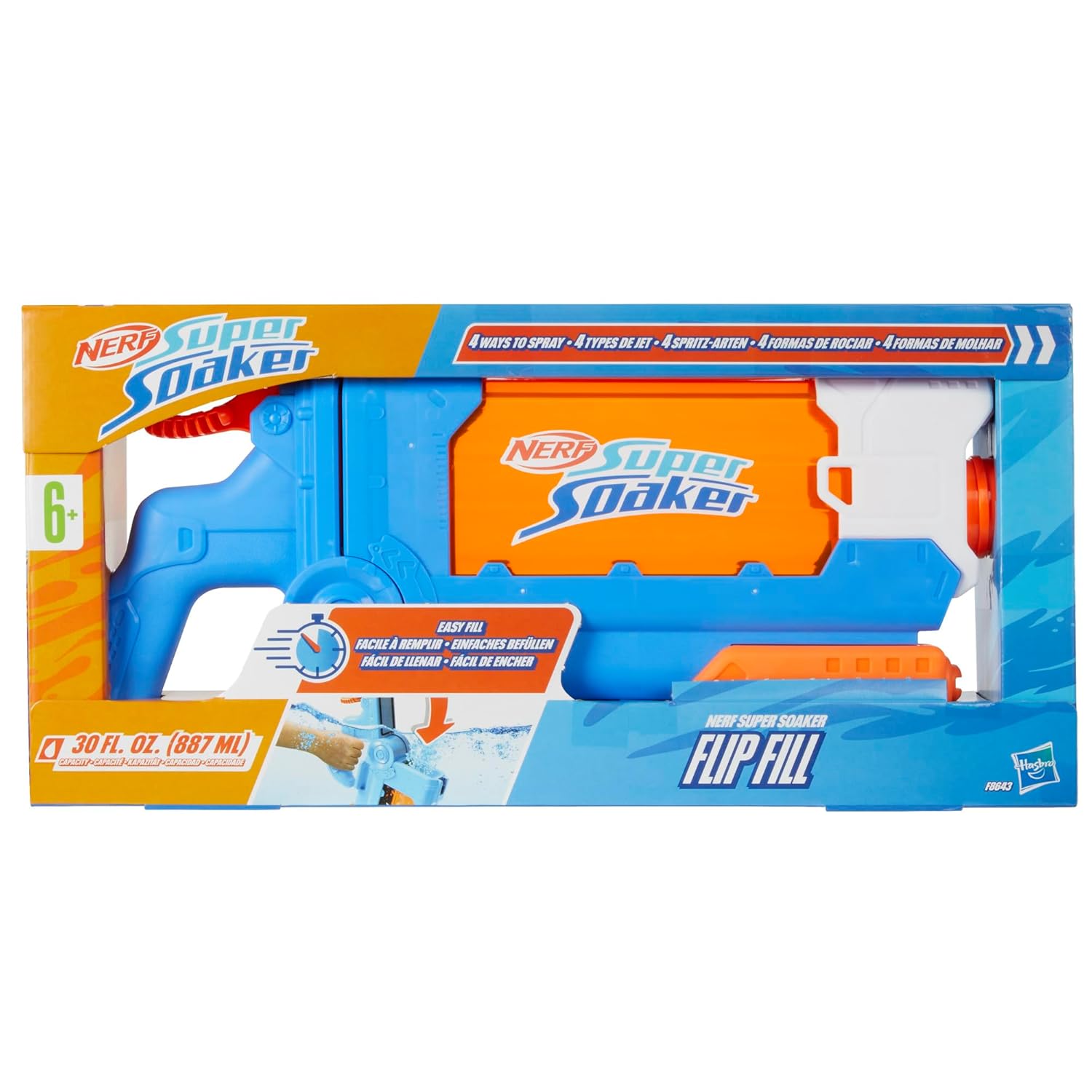 Nerf Super Soaker Flip Fill 4 Spray Styles Water Blaster with Large 890ml Water Tank Toy Pichkari for Holi Festival, for Kids Ages 6+