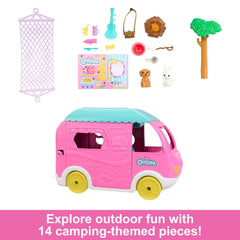 Barbie Chelsea Camper 2-in-1 Playset with Small Doll, 2 Pets & 15 Accessories, Vehicle Transforms into Camp Site for Kids Ages 3+
