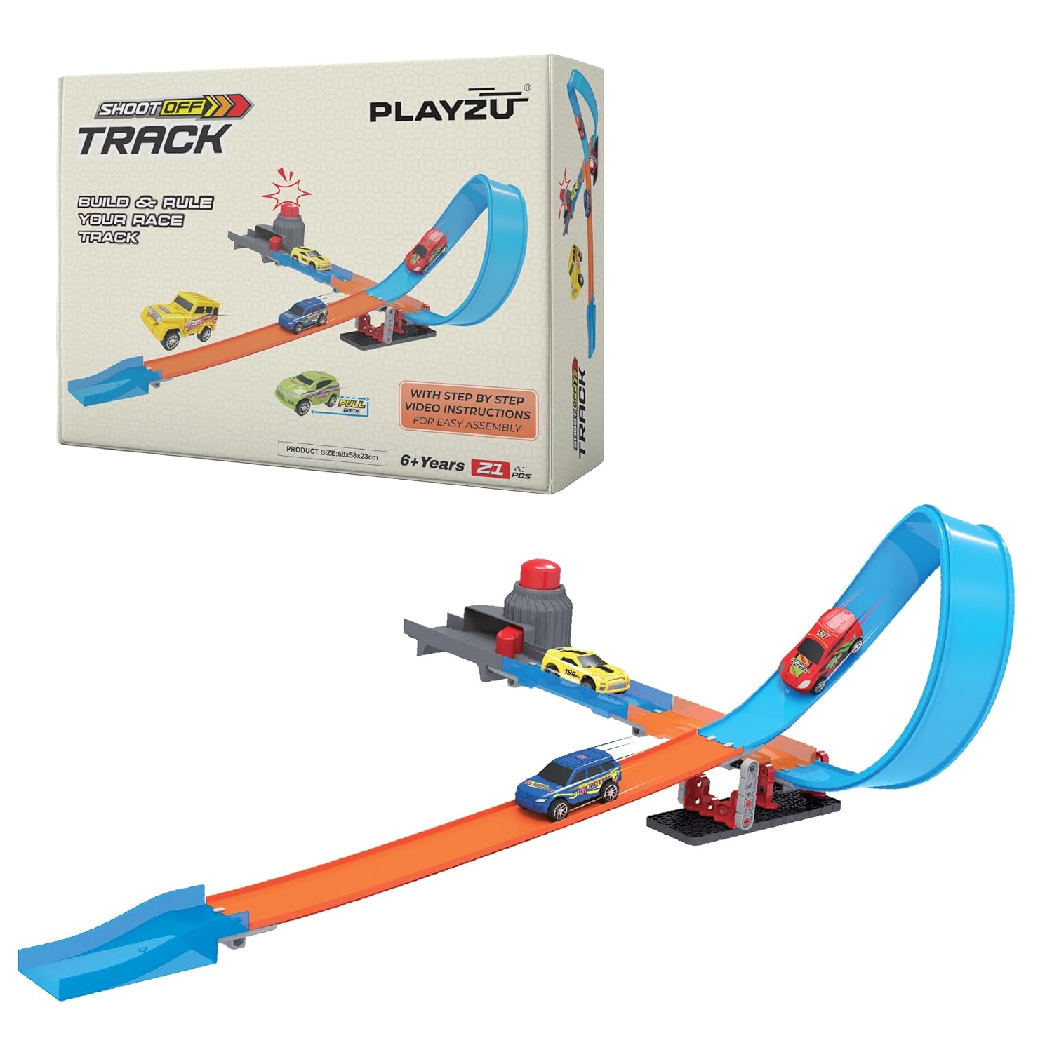 Playzu Shoot Off Launcher Track Set, 21 Pcs Single Twist Loop & 1 Car Track Play Set for Ages 6+