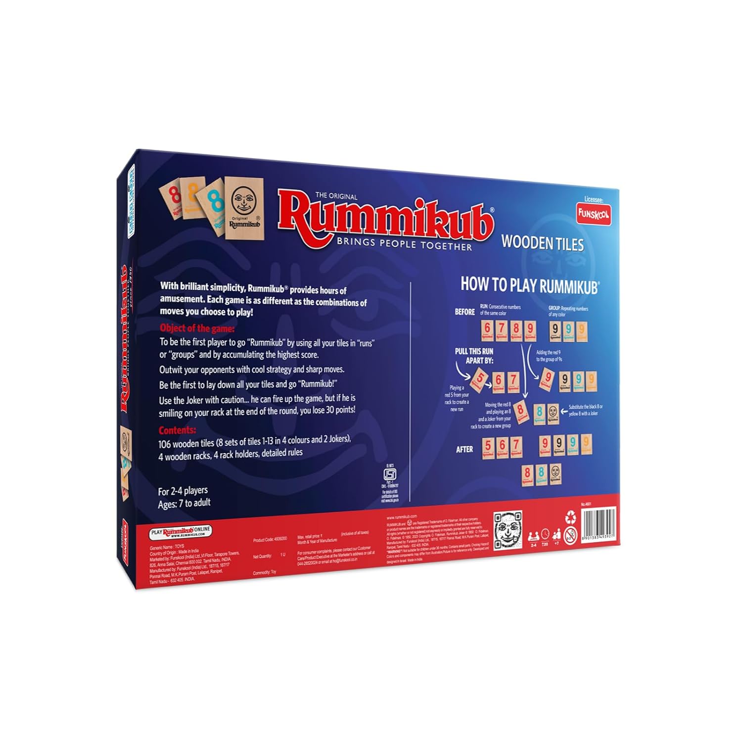 Funskool Games Rummikub Wooden Tiles, 2-4 Players Strategy Fun Family Game for Ages 7 Years+