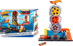 Hot Wheels City Super Twist Tire Shop Playset, Spin The Key to Make Cars Travel Through The Tires, Includes 1 Hot Wheels Car, Gift for Kids 4 to 8 Years Old