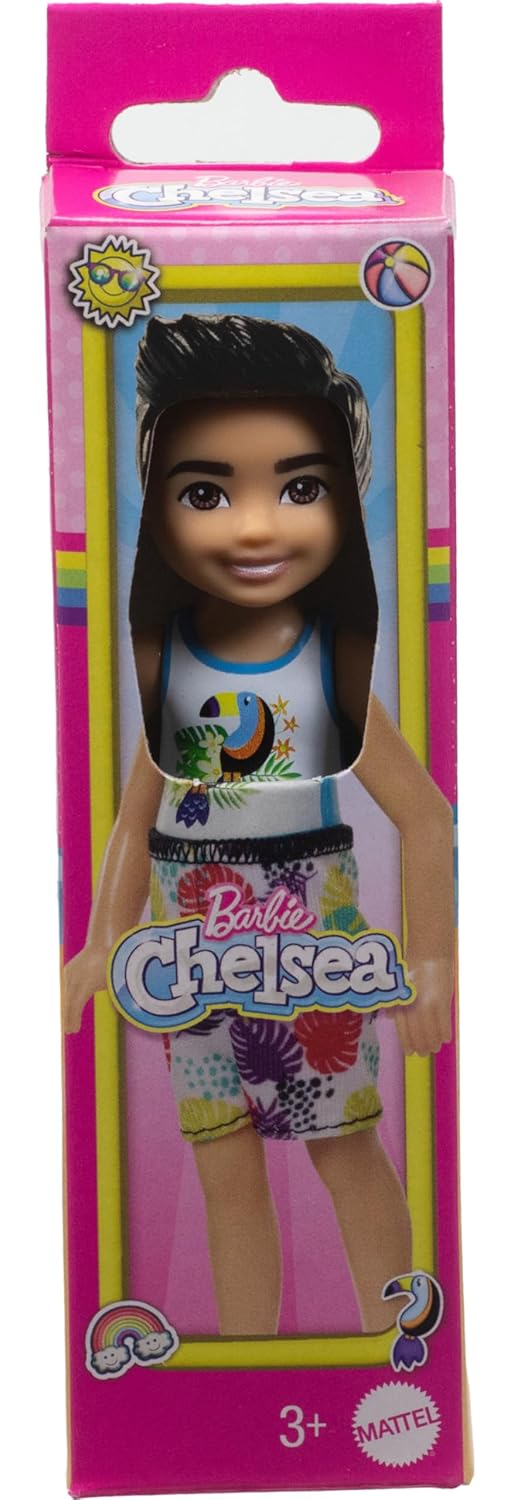 Barbie Chelsea Small Doll With Beach Swimsuit, Toucan & Tropical Leaf Print, Black Hair & Brown Eyes For Kids Ages 3+