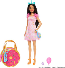 Barbie Clothes and Accessories, Deluxe Keychain Donut Bag with Pink Sprinkle Dress and Candy Themed Accessories for Kids Ages 3+