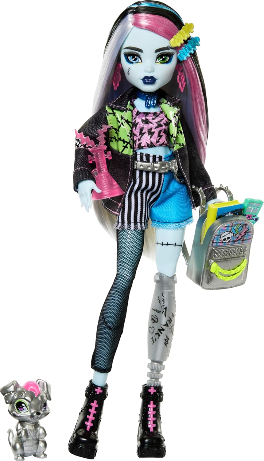 Monster High Frankie Stein Doll in Denim Jacket and Shorts, includes Pet Dog Watzie and Accessories like a Backpack, Snack and Notebook