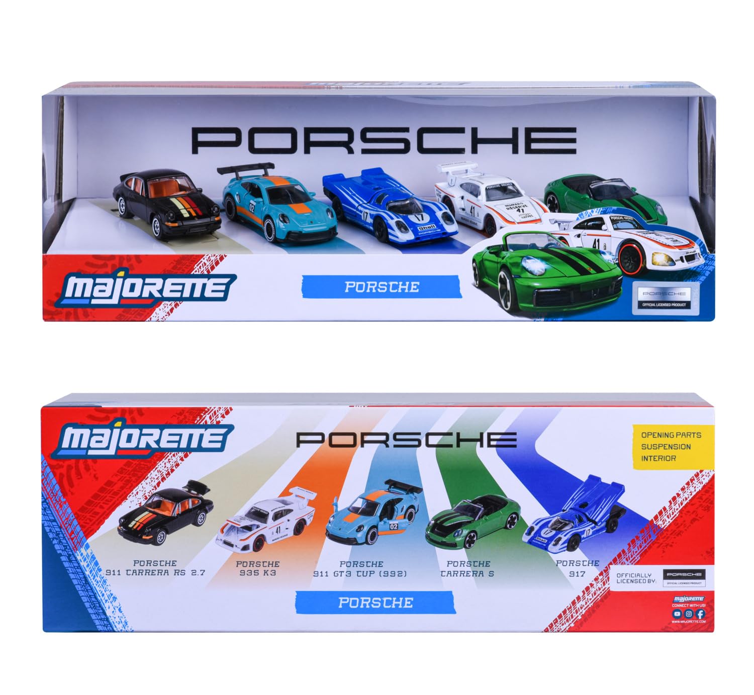 Majorette Porsche 5 Pack Set - Metal Toy Car with Freewheel, Suspension & Opening Parts for Kids & Collectors