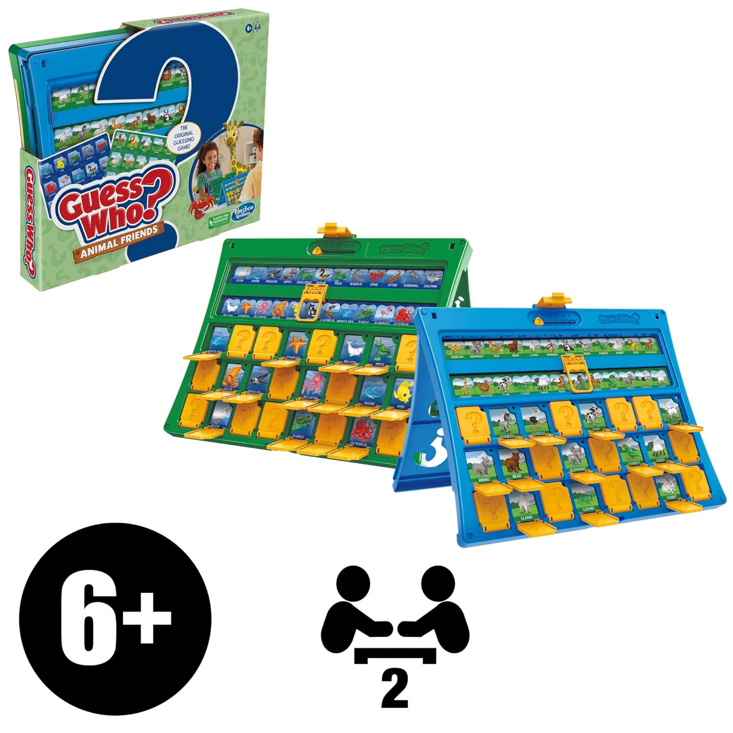 Guess Who? Animal Friends Board Game for Kids Ages 6+, Guess Who? Game with Animals, Includes 2 Double-Sided Animal Sheets