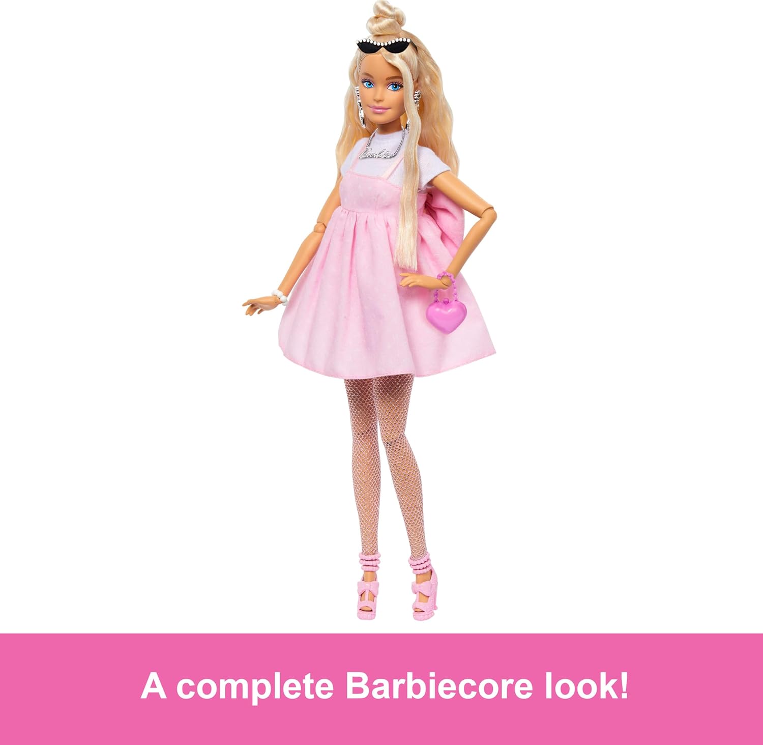 Barbie Deluxe Style Doll #3 in Barbiecore Outfit, Blond Hair in Top Knot, Pink Pastel Dress with Oversized Bow and Accessories for Kids Ages 4+