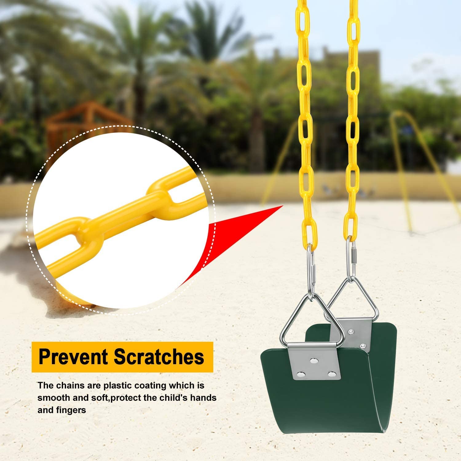 REZNOR EVA Flexible Swing Seat with 60 inch Anti-Rust Plastic Coated Chain Set for Kids, Playground, Jungle & Gym, Green/Yellow