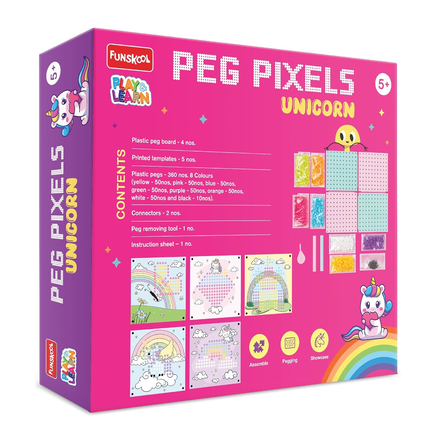 Funskool Peg Pixels-Unicorn,Educational,360 Pegs in 8 Colours,Puzzle with 5 Designs DIY,for 5 Year Old Kids and Above