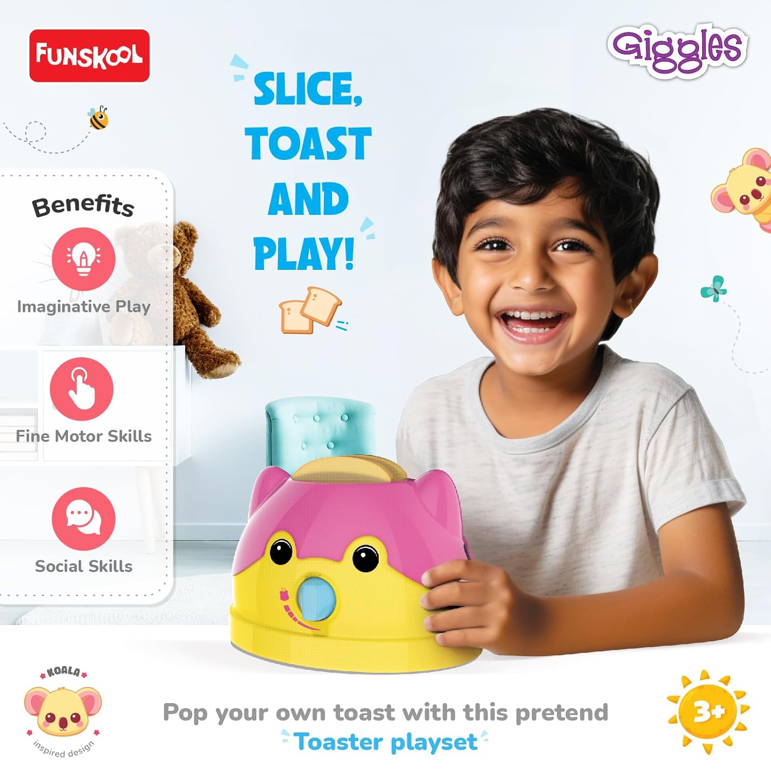 Funskool Giggles Playset Happy Lil Home-Toaster, Koala Inspired Pretend Role-Play Kitchen pop up Toy,Realistic Bread Slices, for Kids 3 Year Old & Above.