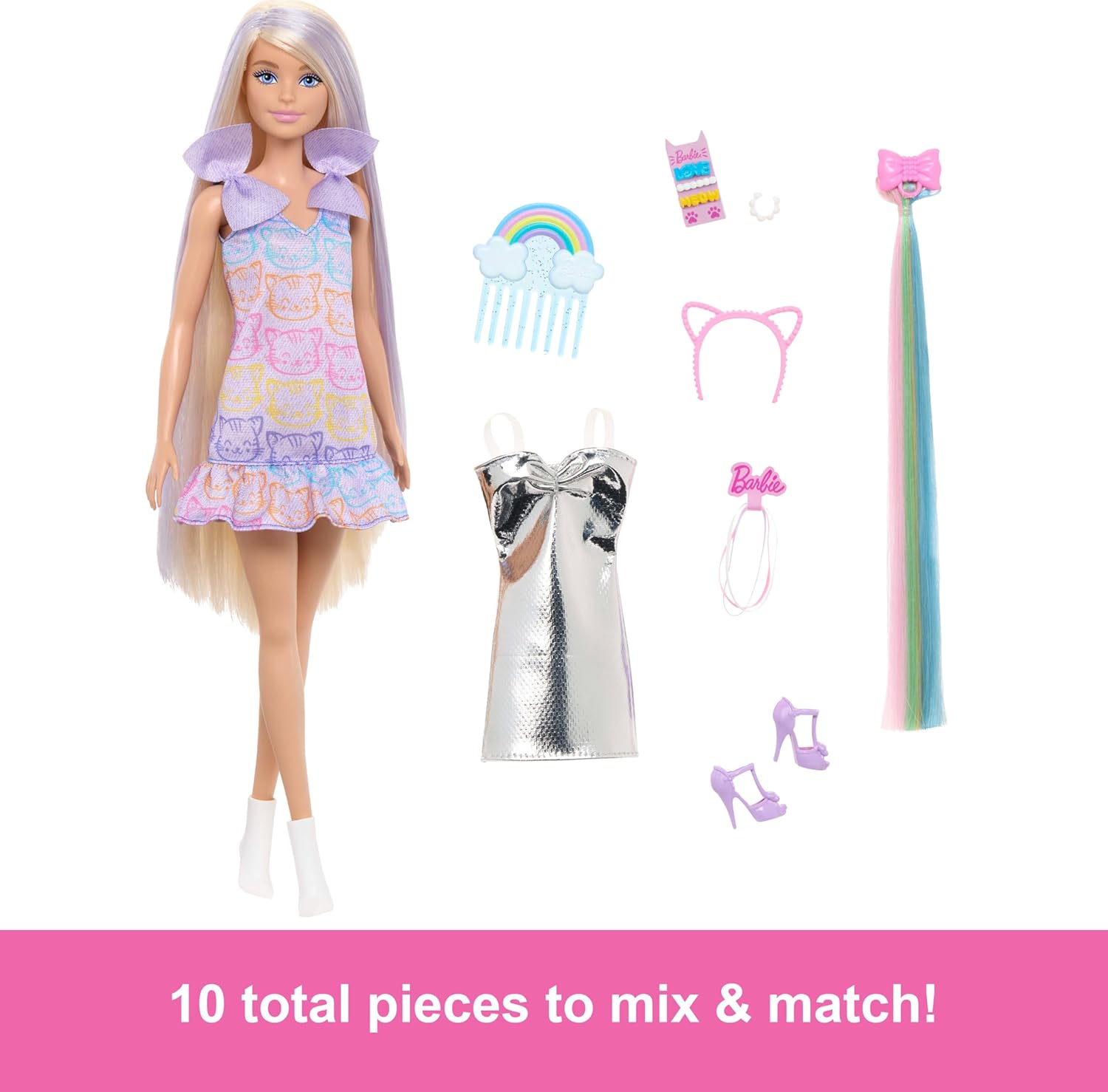 Barbie Fun & Fancy Blonde Fashion Doll with Extra-Long Hair & 2 Looks, Including Silver Metallic Dress & Hair Extension for Kids Ages 3+