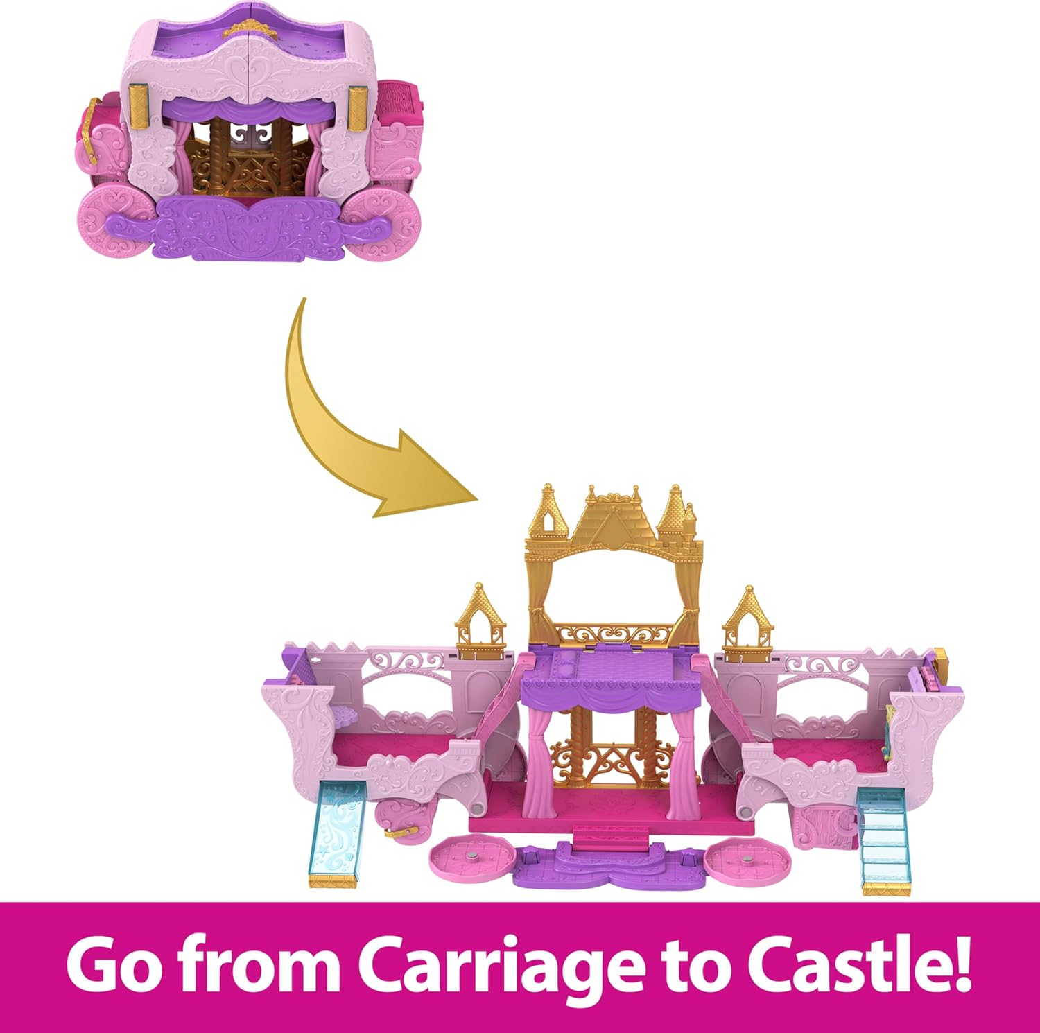 Disney Princess Carriage to Castle Transforming Playset with Aurora Small Doll, 4 Figures, Furniture & Accessories for Kids Ages 3 Years & Up