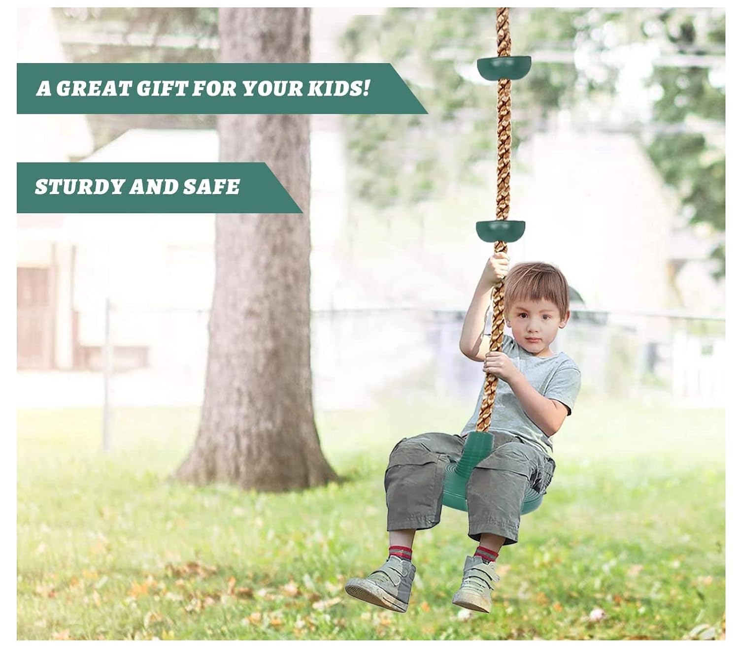 REZNOR Plastic Platforms Disc Tree Swing Seat Climbing Knot Rope With Carabiner Hook For Kids, Green