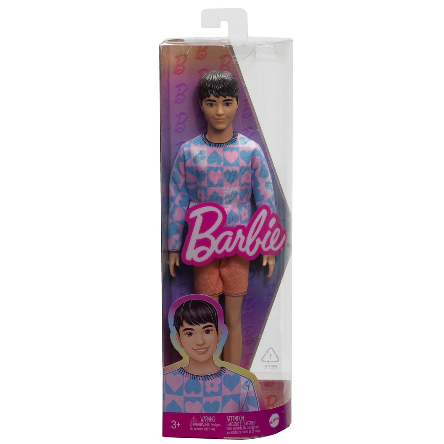 Barbie Fashionistas Ken Doll #219 with Slender Body Wearing a Removable Long-Sleeve Pink & Blue Patterned Shirt & Pink Shorts