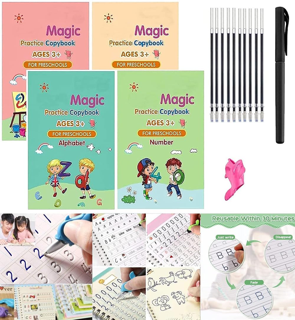 REZNOR Reusable Practice Copybook Calligraphy Number Math Drawing Alphabet Handwriting Book Set for Kids, 4 Pack