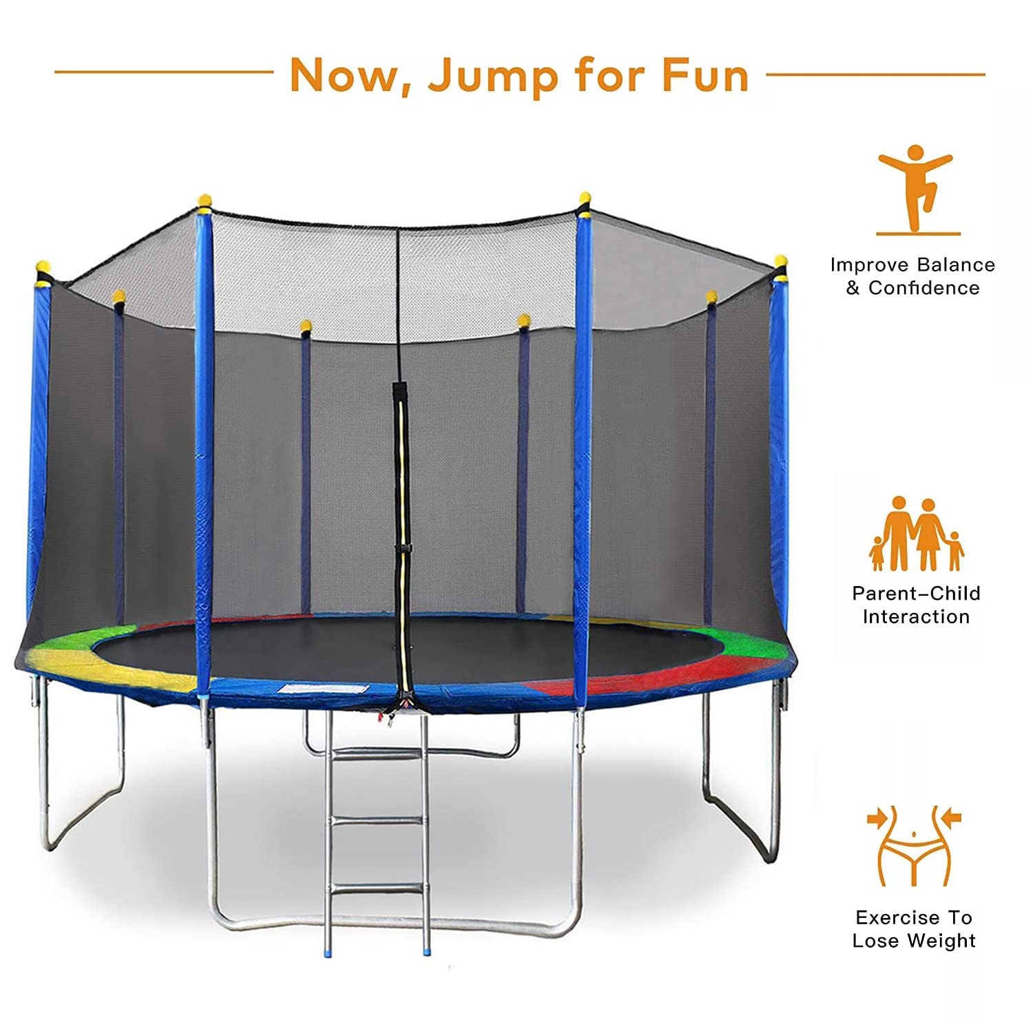 REZNOR 12 Feet Rainbow Color Trampoline with Enclosure Safety Net & Jumping Pad for Children Kids & Adults