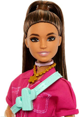 Barbie Brown Hair Doll in Trendy Pink Jumpsuit with Storytelling Accessories and Pet Puppy for Ages 3+